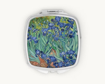 Van Gogh Irises Compact Mirror, Floral Pocket Mirror, Blue Iris Botanical Gift for Her