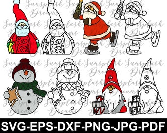 May include: A set of ten digital clipart images featuring various Christmas characters. The characters include a snowman, a Santa Claus, a gnome, and a gingerbread person. The images are in black and white outline style.