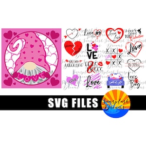 May include: A set of Valentine's Day SVG files featuring a gnome with a pink hat and a heart with the word "love" on it. The set also includes various other Valentine's Day themed designs, such as hearts, arrows, and the words "love", "hugs", and "kisses".