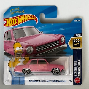 May include: A Hot Wheels die-cast toy car, The Simpsons Family Car, in pink with silver wheels, packaged on a blue card featuring Homer Simpson, the Hot Wheels logo, and the text Screen Time 108/250, 3/10, and The Simpsons Family Car.