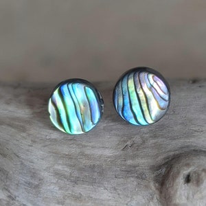 Könnte beinhalten: Ein Paar Ohrstecker aus irisierendem Abalone-Muschelschalen. Die Ohrstecker sind rund und haben ein blaues, grünes und goldenes Farbmuster.
