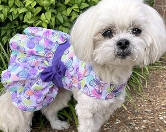 Purple Butterfly- Spring Harness Dress with Matching Leash- Spring Design Dress for Pets