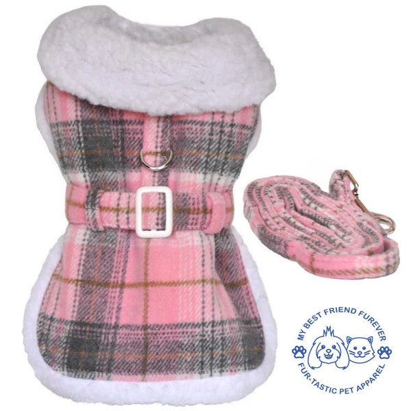 Sherpa Lined Dog Harness Coat - Designer Classic with Warm Fleece Collar & Leash - High-Quality Cotton/Polyblend Outer