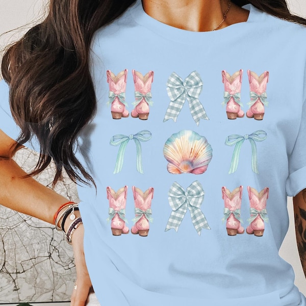 Coquette Coastal Cowgirl Shirt, Coastal Grand Daughter Gifts, Trendy Seashell Blue Bow Sweatshirt, Cow Girl Pink Boots Graphic Tee Apparel