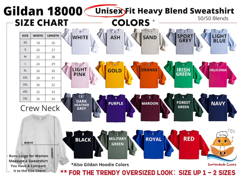 May include: A size chart and colour options for Gildan 18000 Unisex Fit Heavy Blend Sweatshirts. Colours include white, ash, sand, sport grey, light blue, light pink, gold, orange, Irish green, and heliconia.