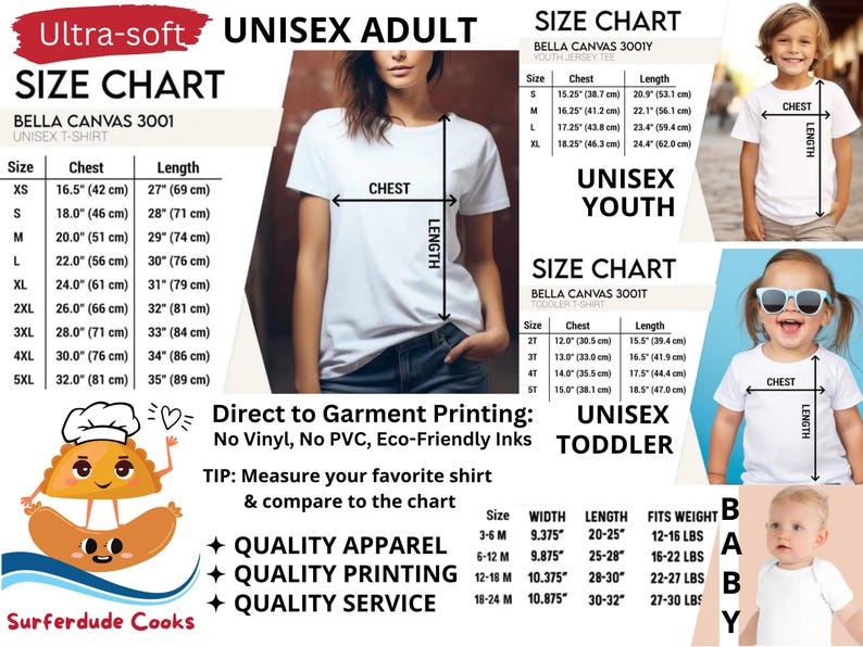 Ultra-soft Unisex Adult Size Chart, Unisex Youth Size Chart, Unisex Toddler Size Chart, Baby Size Chart, Direct to Garment Printing