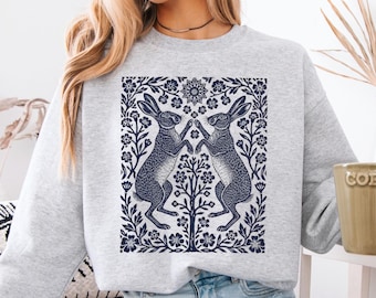 Folk Art Bunny Sweatshirt, Vintage Rabbit Crewneck, Wild Hare Botanical Linocut Shirt Women