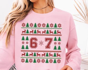 Funny 6 7 Christmas Sweatshirt, Retro 67 Ugly Sweater, Six Seven Holiday Shirt, Meme Crewneck Gift for Friends, Teacher Gift