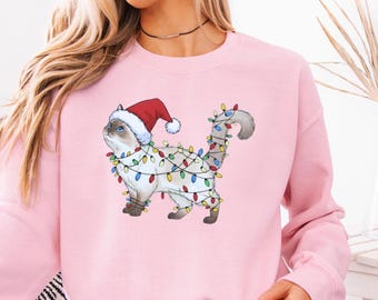 Christmas Cat Sweatshirt, Cute Cat in Santa Hat, Holiday Cat Pullover, Christmas Lights Sweater