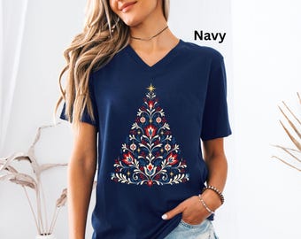 Polish Folk Christmas Tree V-neck Shirt, Traditional Slavic Holiday Gift, Polish Pride Apparel, Unisex