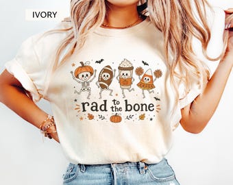 Rad to the Bone Comfort Colors T-Shirt | Spooky Cute Skeleton Pumpkin Spice Latte Football Halloween