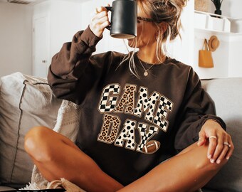 Leopard Game Day Sweatshirt Women, Football Crewneck Sweater, Checkerboard Tailgate Apparel, Sunday Sports Fan Gift