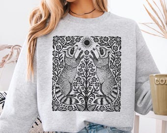 Vintage Raccoon Linocut Sweatshirt Women, Boho Cottagecore Botanical Shirt
