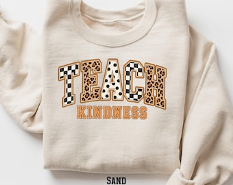 Teach Kindness Teacher Sweatshirt, Cute Retro Leopard Print Polka Dot Checkerboard Educator Gift Crewneck