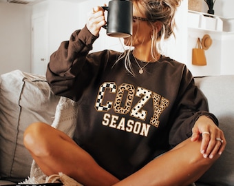 Cozy Season Sweatshirt, Trendy Leopard Print Checkerboard Polka Dot Autumn Crewneck, Fall Sweater