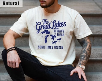 Retro Great Lakes Tshirt, Funny Always Fresh Sometimes Frozen Lake Michigan Sweatshirt Men Lake Life Camping Fishing Travel Vacation Apparel
