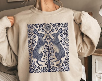 Folk Art Bunny Sweatshirt, Vintage Rabbit Crewneck, Wild Hare Botanical Linocut Shirt Women