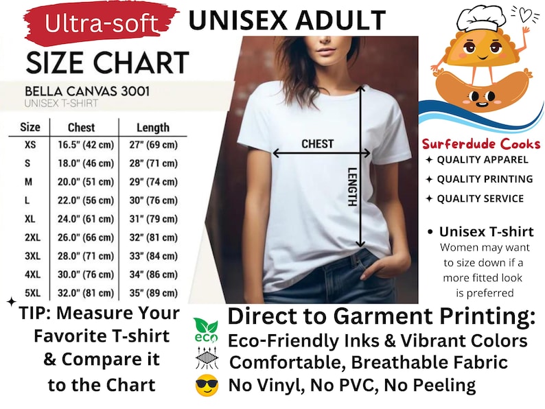 Unisex adult t-shirt, quality apparel, soft shirt, size chart included, eco-friendly inks, breathable fabric, no peeling, best gift