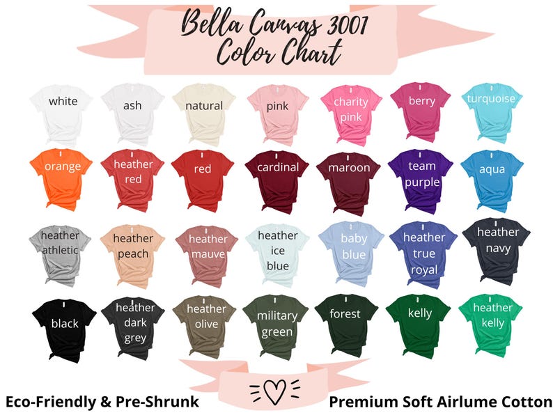 Bella Canvas 3001 Color Chart, Eco-Friendly Cotton, Pre-Shrunk Fabric, Soft Airlume Cotton, Variety of Colors, Comfortable Wear