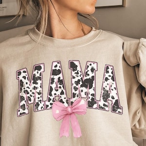 Cow Print Mama Sweatshirt, Cow Sweater, Trendy Cute Bow Mama Shirt, Sweatshirt with Bow, Pink Western Sweatshirt, Cow Christmas Gift Mama