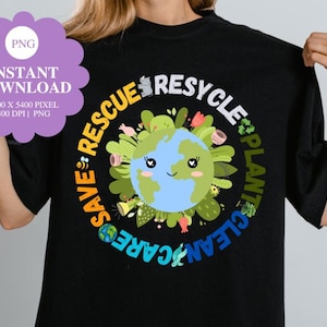 以下が含まれることがあります： 地球と植物に囲まれた笑顔の地球と「Save, Rescue, Recycle, Plant, Clean, Care」の文字が描かれた黒いTシャツ。 左上には「Instant Download」の文字が入った紫色の雲の形があります。