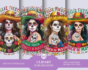 Cinco De Mayo clipart shirt sublimation and Dtf design tshirt png design Mexican skull Png Tattoo Skull Girl Art ,Sugar Skull Svg Png bundle