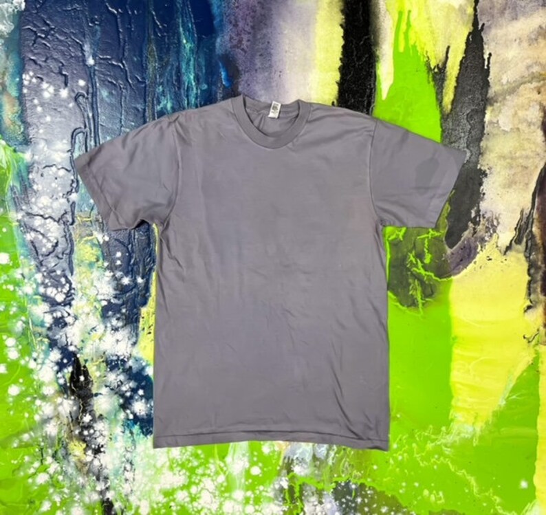 May include: A plain gray t-shirt with short sleeves and a crew neck.