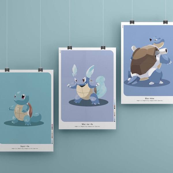 Pokémon Poster | Gen 01 | 0007 - Squirtle | 0008 - Wartortle | 0009 - Blastoise