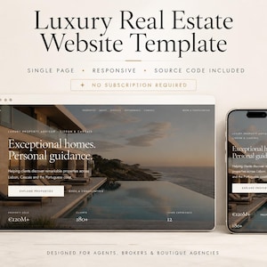 May include: A digital website template for luxury real estate displayed on a desktop monitor and a smartphone. The screen shows text reading Luxury Real Estate Website Template, Exceptional homes. Personal guidance, and property statistics.