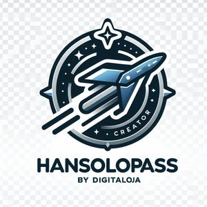 Könnte beinhalten: Ein blaues und schwarzes Logo mit einem stilisierten Raumschiff, das durch einen Kreis mit Sternen fliegt, in dem sich der Text "CREATOR" befindet. Der Text "HANSOLOPASS BY DIGITALOJA" befindet sich unterhalb des Kreises.