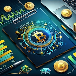 Pode incluir: Uma ilustração digital azul e dourada de um logotipo Bitcoin com um padrão circular de linhas e pontos. A imagem está sobre um fundo azul escuro com um laptop, uma caneta e um gráfico em segundo plano.