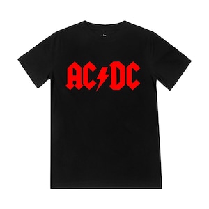 May include: Black t-shirt with the red AC/DC logo and lightning bolt graphic. The short-sleeved shirt is made of a soft material, suitable for casual wear. The band's logo is displayed on the front.