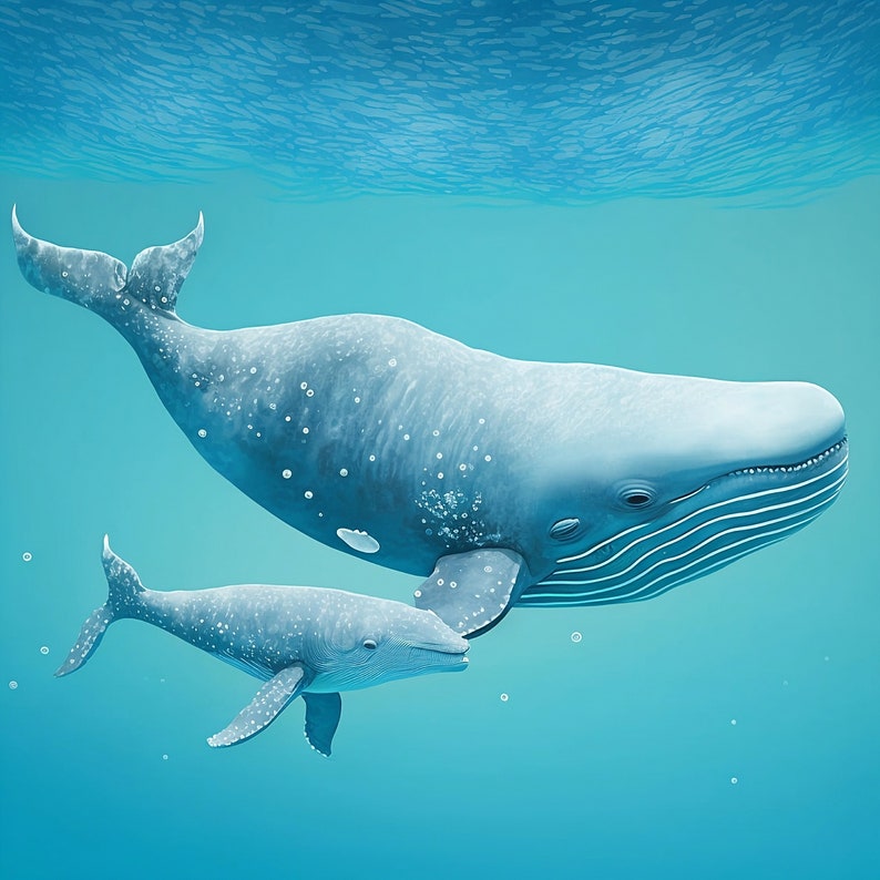 Serene Seas: Printable Nursery Art of Mommy and Baby Whale Swimming in ...