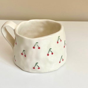 Cherry Mug — Handmade Ceramic Mug Hand Painted Dainty | Coffee Cup | Tea | Cappuccino