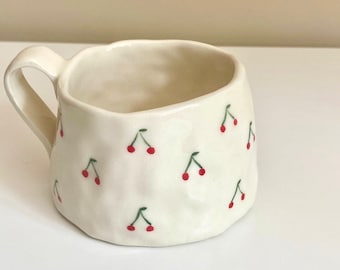 Cherry Mug — Handmade Ceramic Mug Hand Painted Dainty | Coffee Cup | Tea | Cappuccino