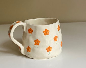 Pumpkin Pie Mug | Orange Flowers Dainty  — Handmade Ceramic Hand Painted | Autumn Fall