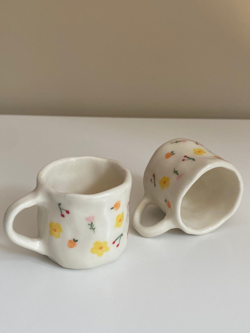 Summer Espresso Cup Set Handmade Ceramic Dainty Flower Hand Painted image 1