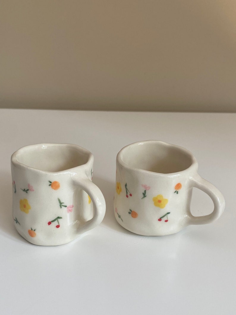 Summer Espresso Cup Set Handmade Ceramic Dainty Flower Hand Painted image 2