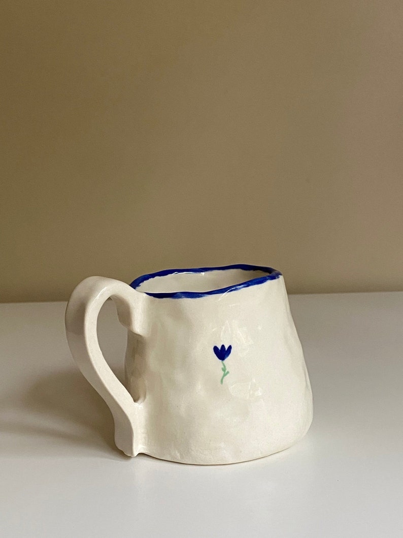 Royal Blue Flower Mug Dainty Minimalist Handmade Ceramic Hand Painted Fall Autumn image 1