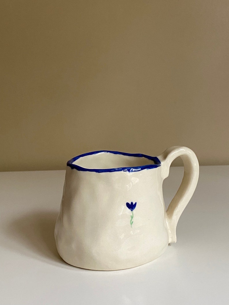 Royal Blue Flower Mug Dainty Minimalist Handmade Ceramic Hand Painted Fall Autumn image 2