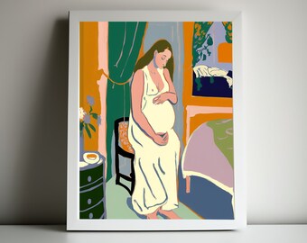 Pregnant Mother Wall Art | Digital Vintage Print | Fauvist Illustration