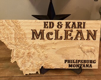 Custom state engraved outdoor Wood Sign, Wedding Gift, Cabin, Personalized Welcome Sign, Family Name, 3D Topo address, Montana, Lake House.