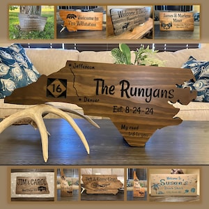 Custom Engraved Outdoor Wood Sign, Rustic Cabin Decor, Personalized Family Name Welcome Sign, Texas, N Carolina, Wisconsin, Minnesota, Ohio.