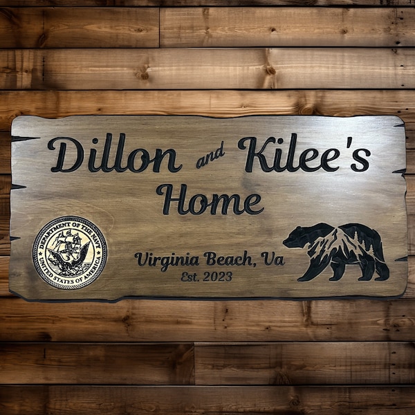 Custom wood carved sign, Engraved, STATE, Wedding, Cabin, Cottage, Rustic Mountain Home, Personalized Welcome, Family Name, Address Veteran.