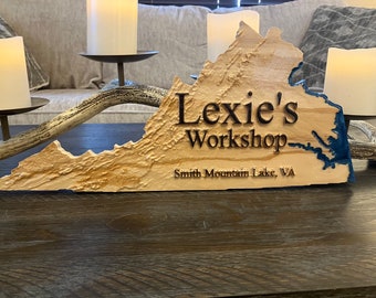 Custom state engraved Wood Sign, Wedding, Cabin Decor, Rustic Personalized, lake home, Welcome, Family Name, 3D, Virginia, Address, state.