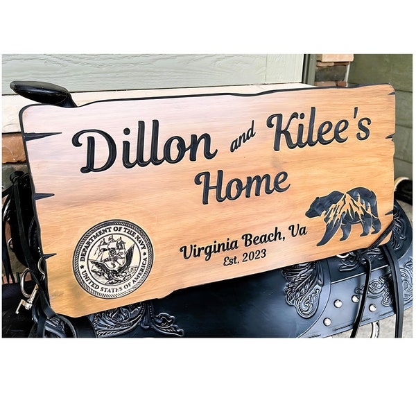 Custom wood carved sign, Engraved, STATE, Wedding, Cabin, Cottage, Rustic Mountain Home, Personalized Welcome, Family Name, Address Veteran.