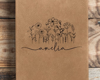 Diario personalizado de flores silvestres, diario de gratitud personalizado, diario de cuero personalizado, diario de bienestar, diario de cuidado personal