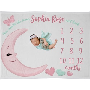 Moon and Stars Milestone Blanket, Baby Milestone Blanket, Personalized Baby Blanket Girl, Luna Milestone Blanket, Baby Shower Gift