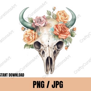 Clipart de crâne de taureau, crâne de taureau & roses pastel, crâne de taureau PNG JPG, crâne de taureau et fleurs, crâne de taureau occidental, crâne de vache, art de crâne de Longhorn