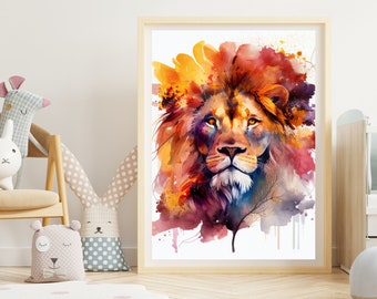 Lion Watercolor PRINTABLE, Lion Poster Print, Lion Print Instant, Nursery Animal Print, Animal Art Print, Gift For Nursery, Multicolor Lion
